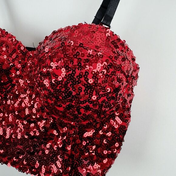 WET SEAL Red Sequins Women's Camisole Bustier Party Holiday Crop Top Large - Picture 6 of 14